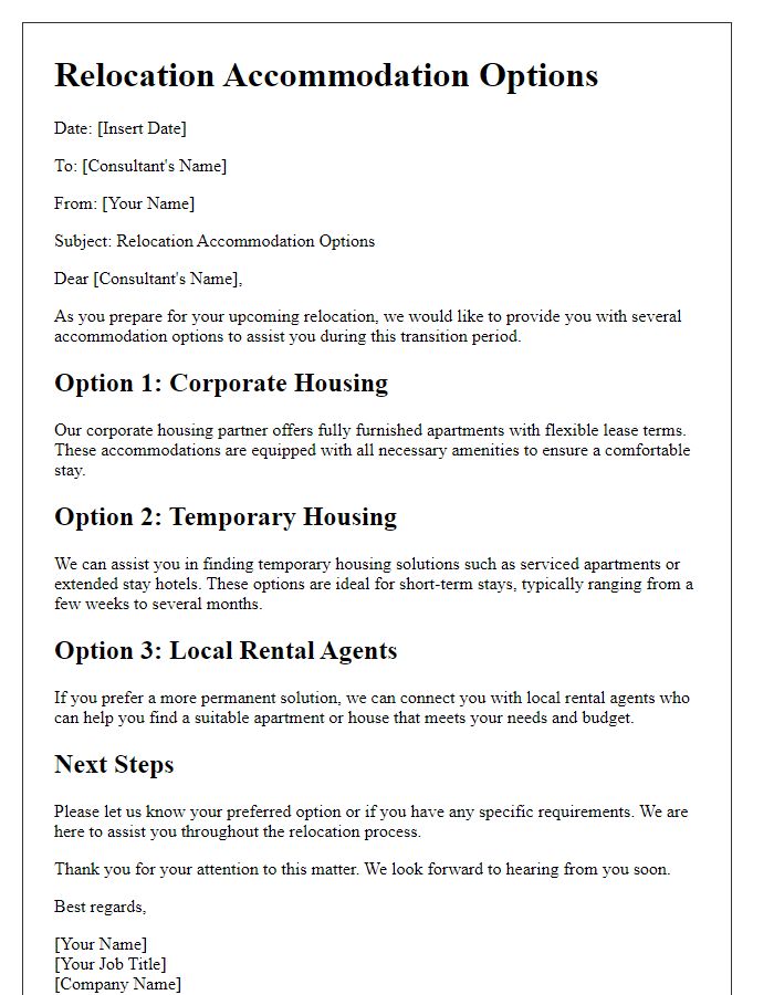 Letter template of relocation accommodation options for HR consultants