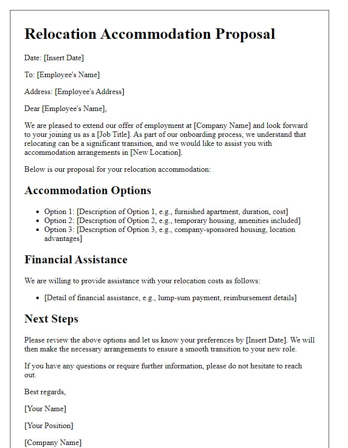 Letter template of relocation accommodation proposal for new employees