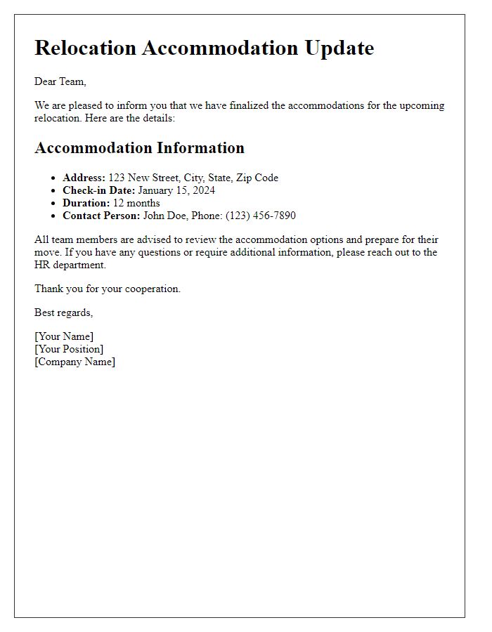 Letter template of relocation accommodation update for team members