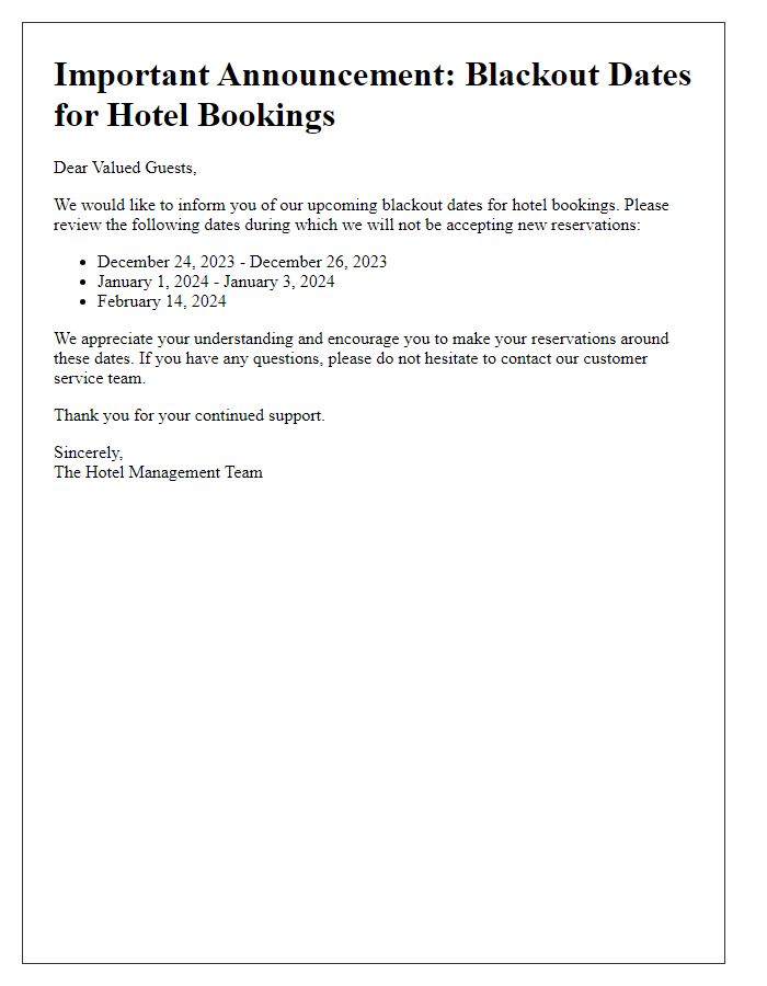 Letter template of blackout dates announcement for hotel bookings.