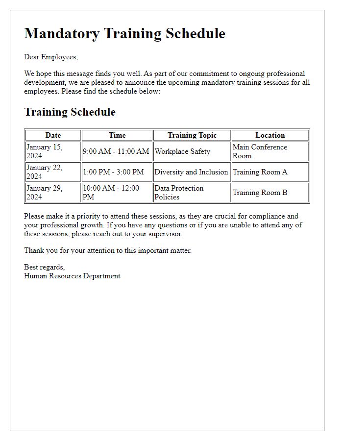 Letter template of mandatory training schedule for employees