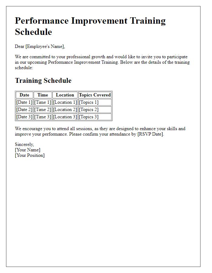 Letter template of performance improvement training schedules