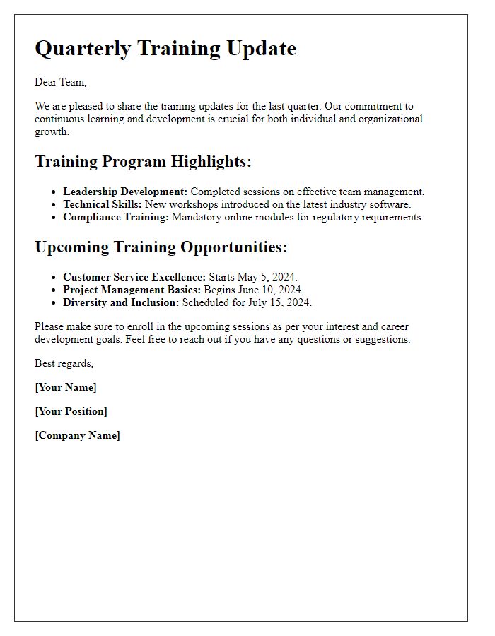 Letter template of quarterly training updates for staff