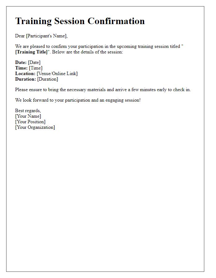 Letter template of training session confirmation for participants