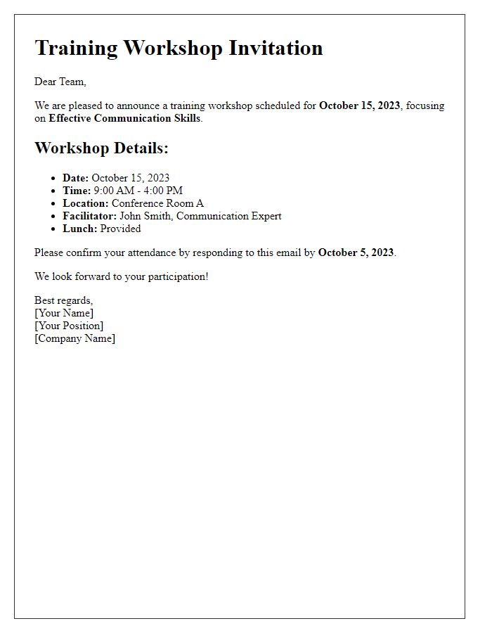 Letter template of training workshop details for staff