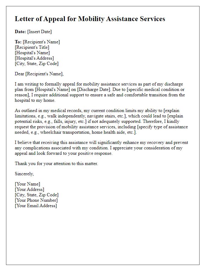 Letter template of appeal for mobility assistance services for a hospital discharge.