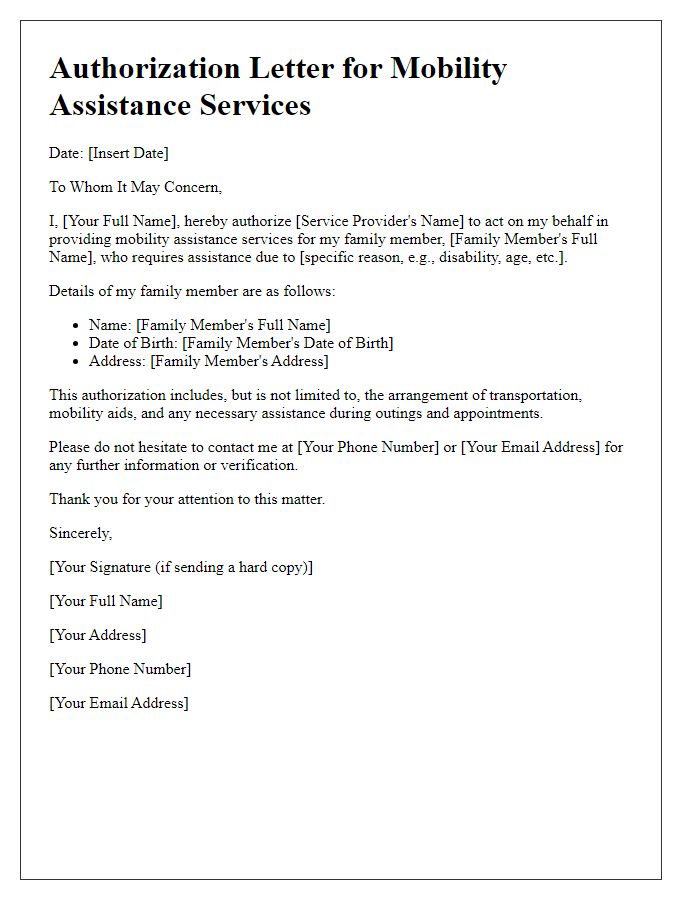 Letter template of authorization for mobility assistance services on behalf of a family member.