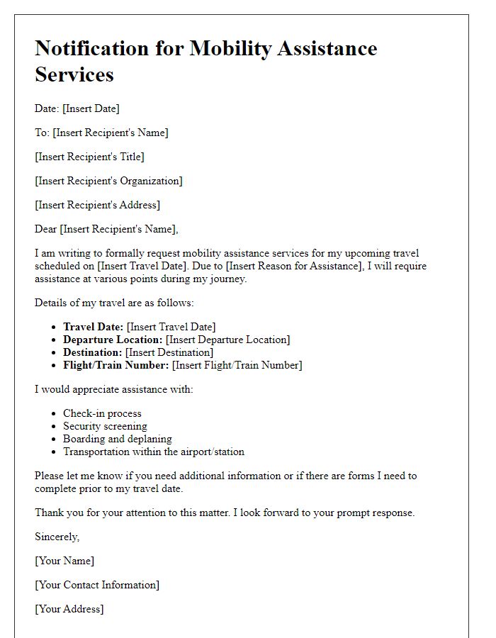 Letter template of notification for mobility assistance services required during travel.