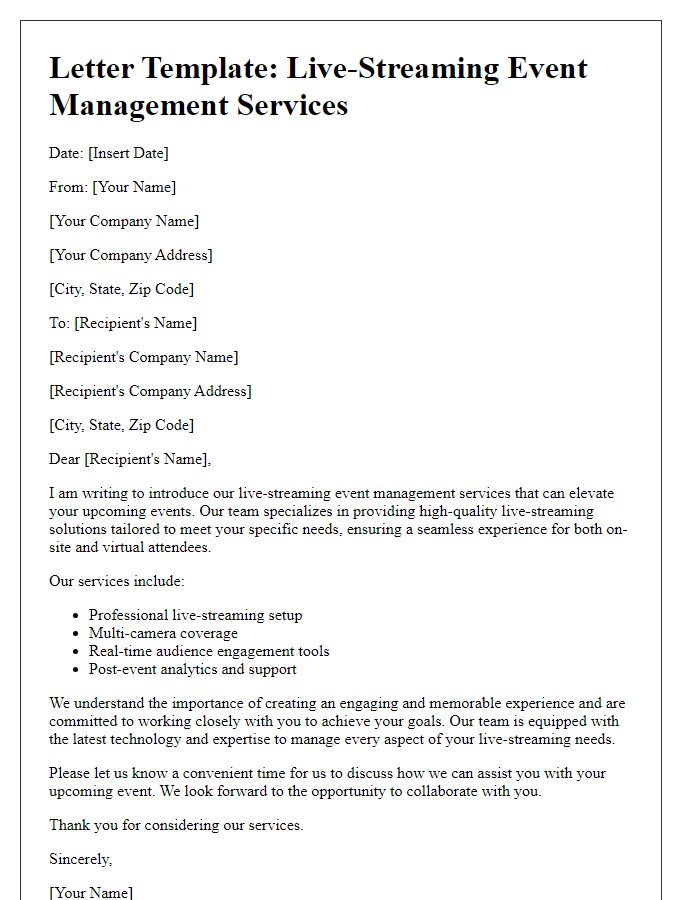 Letter template of live-streaming event management services