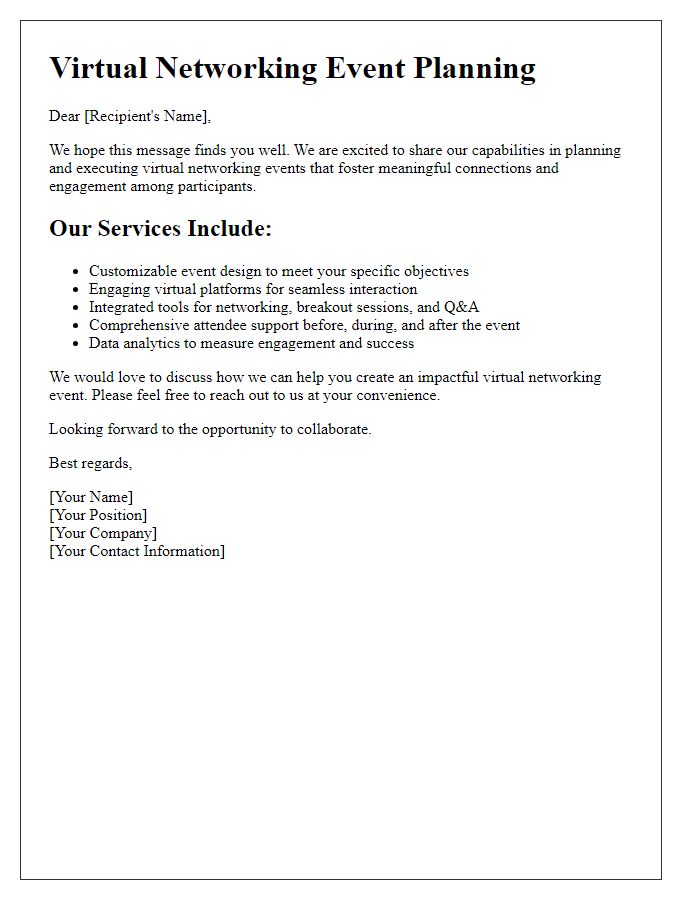Letter template of virtual networking event planning capabilities