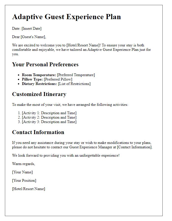 Letter template of adaptive guest experience plans