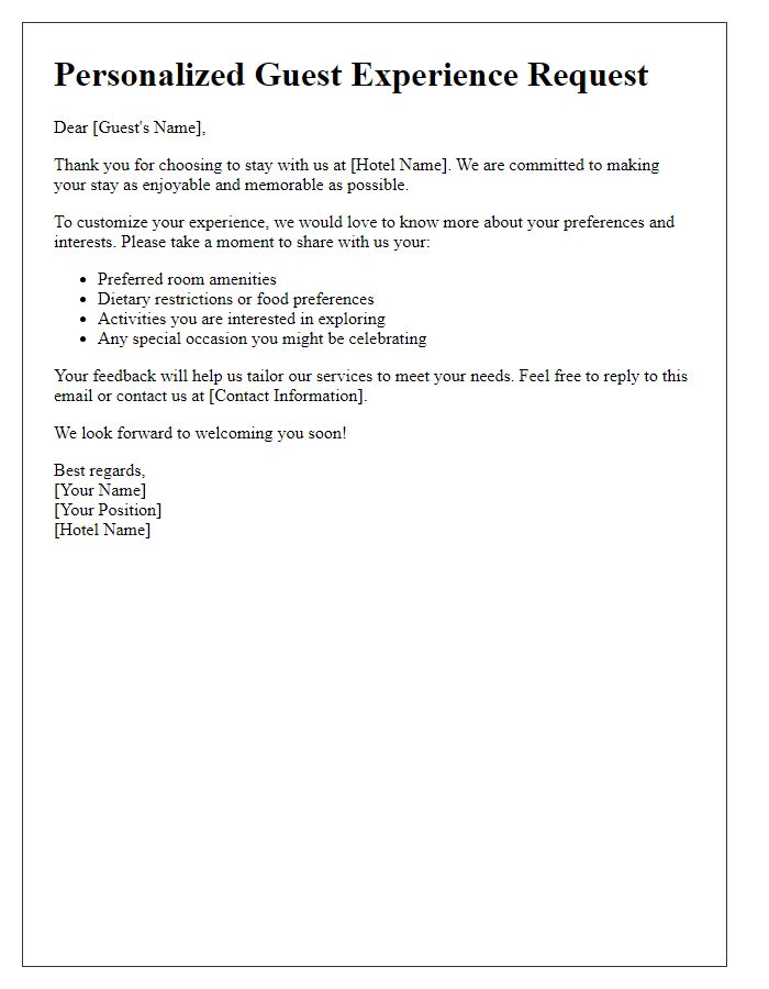 Letter template of personalized guest experience request