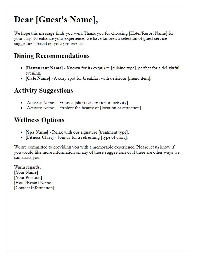 Letter template of tailored guest service suggestions