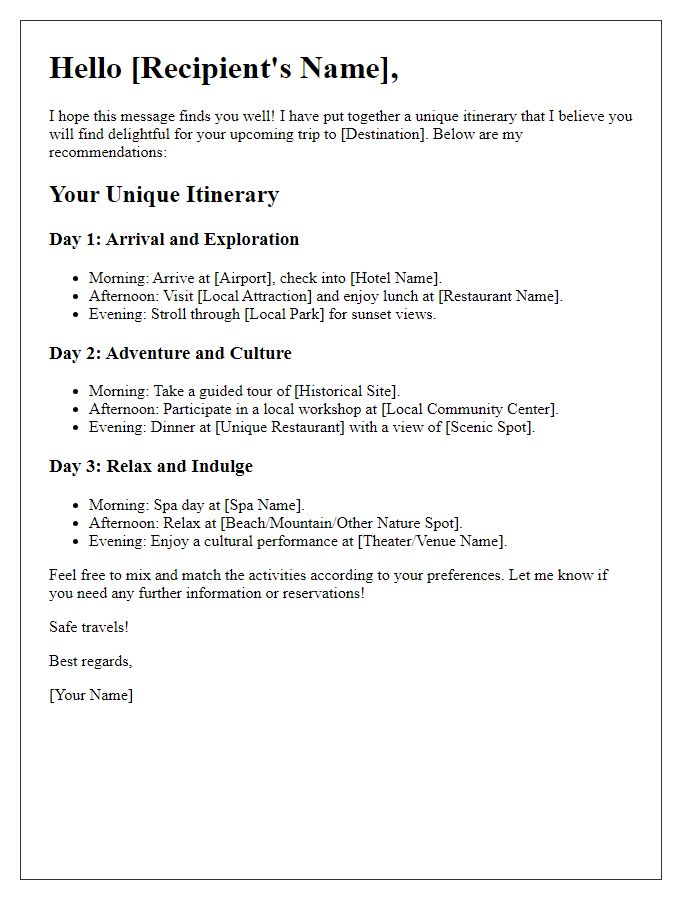 Letter template of unique itinerary recommendations