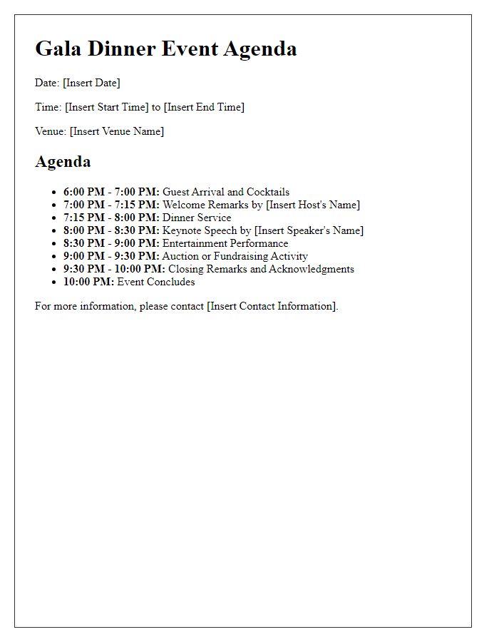 Letter template of agenda for gala dinner event planning