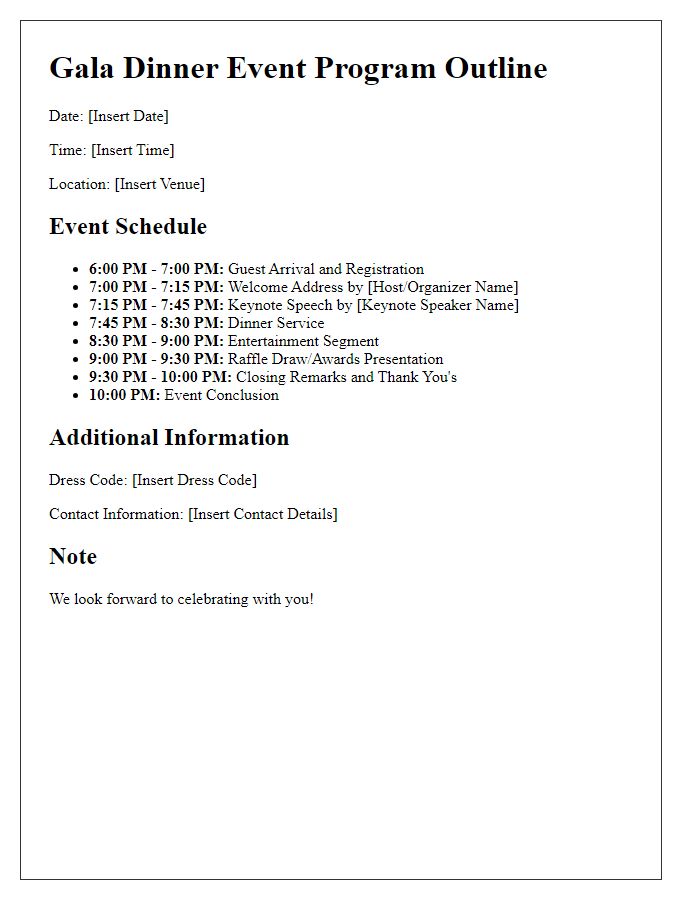 Letter template of event program outline for gala dinner event planning