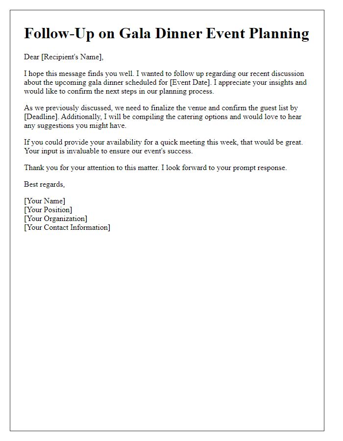 Letter template of follow-up communication for gala dinner event planning