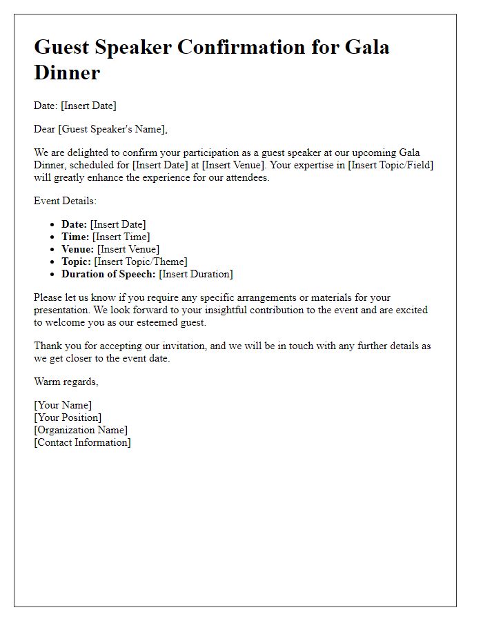 Letter template of guest speakers confirmation for gala dinner event planning