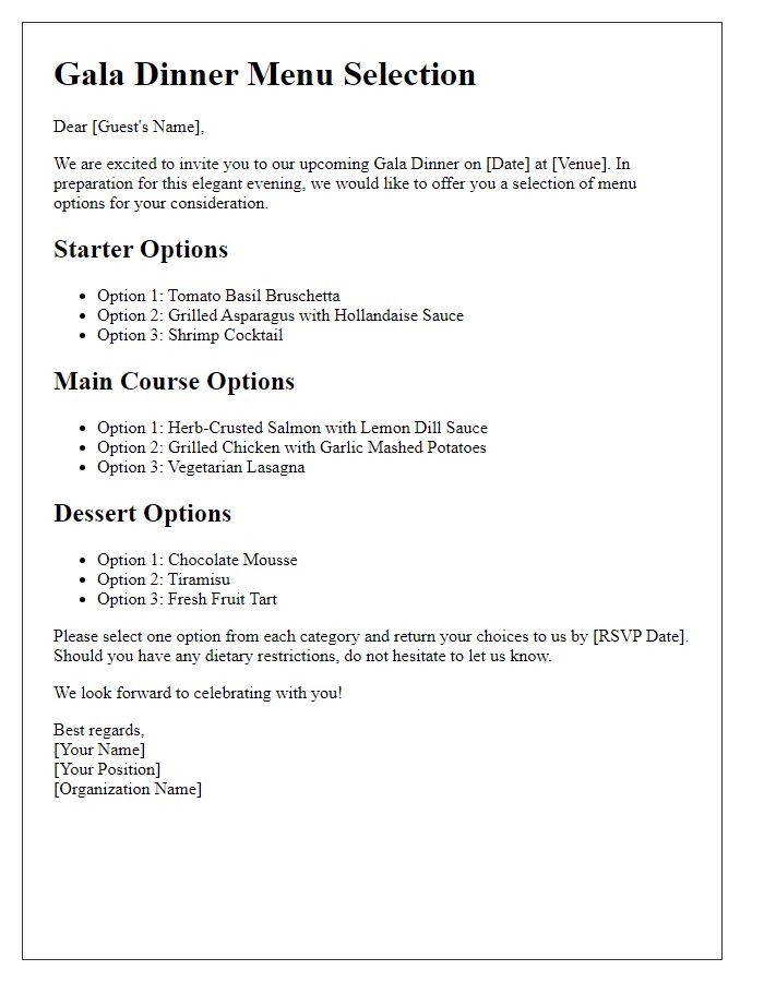 Letter template of menu selection for gala dinner event planning