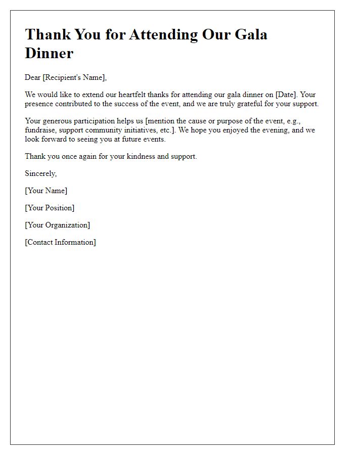 Letter template of thank you notes for gala dinner event planning