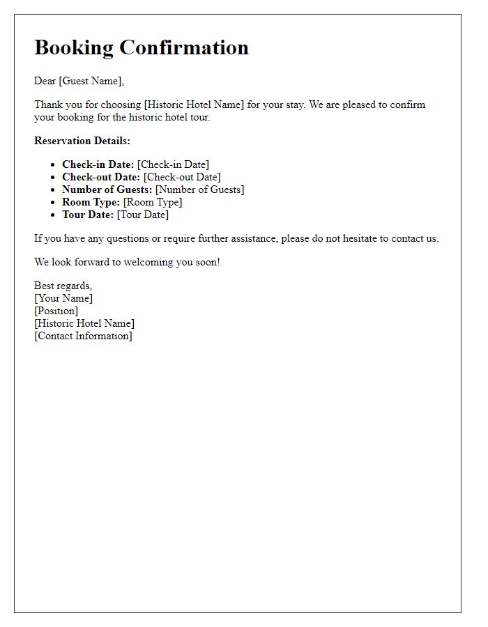 Letter template of booking confirmation for historic hotel tours