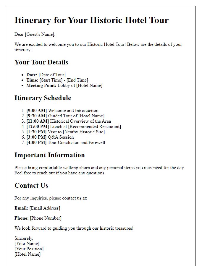 Letter template of itinerary details for historic hotel tours