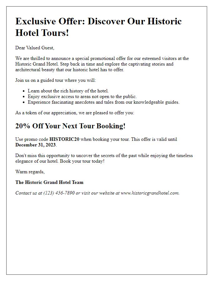 Letter template of promotional offer for historic hotel tours