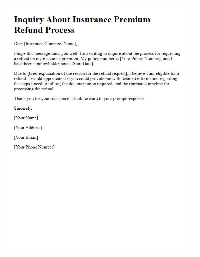 Letter template of inquiry about insurance premium refund process.