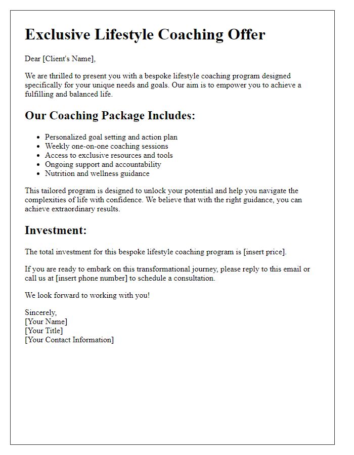 Letter template of bespoke lifestyle coaching offer