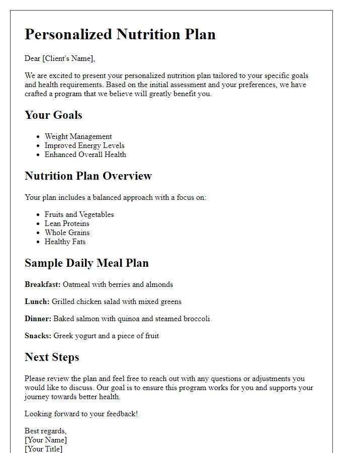 Letter template of personalized nutrition plan communication