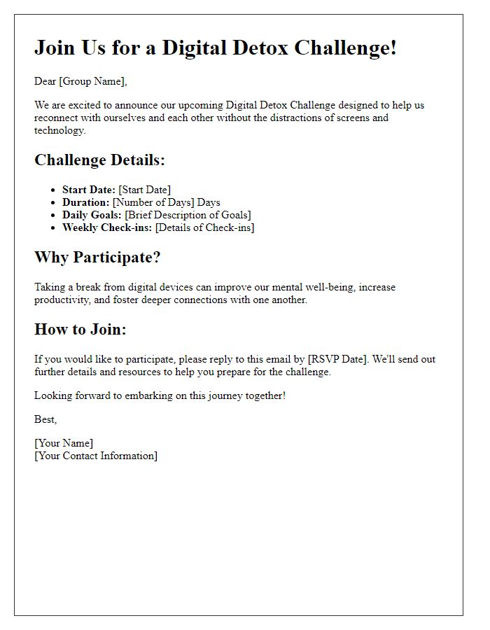 Letter template of group digital detox challenge