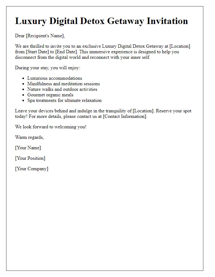 Letter template of luxury digital detox getaway