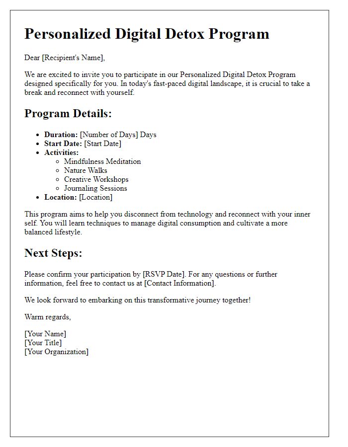 Letter template of personalized digital detox program