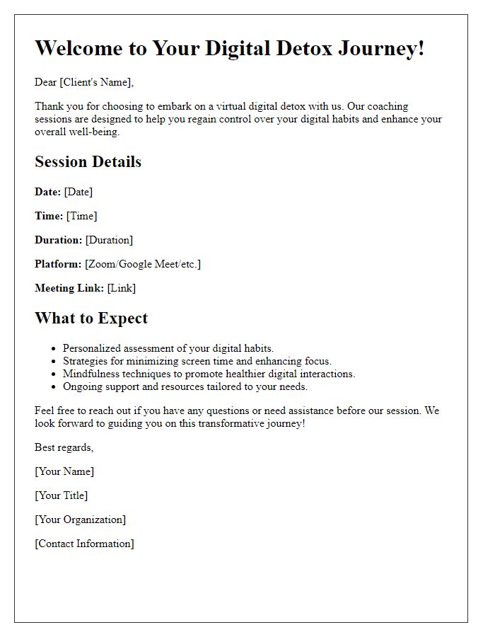 Letter template of virtual digital detox coaching sessions