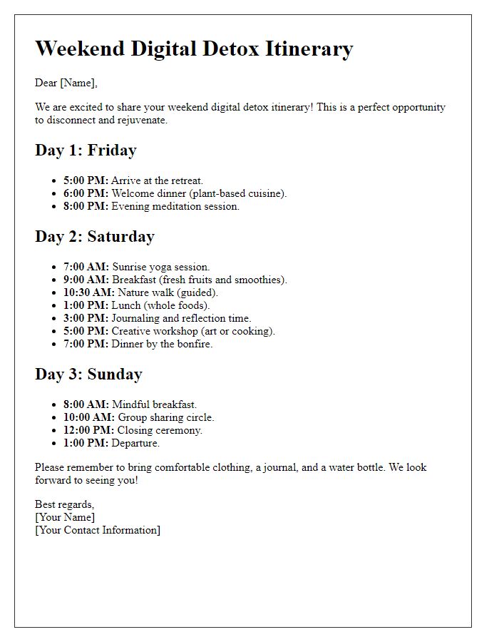 Letter template of weekend digital detox itinerary