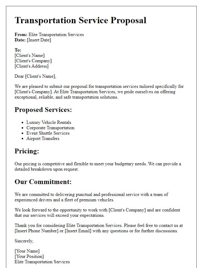 Letter template of elite transportation service proposal.