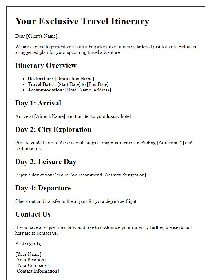 Letter template of exclusive travel itinerary suggestion.