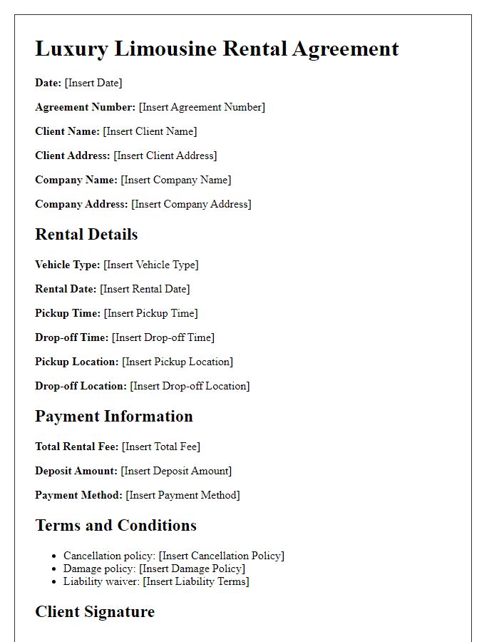 Letter template of luxury limousine rental agreement.