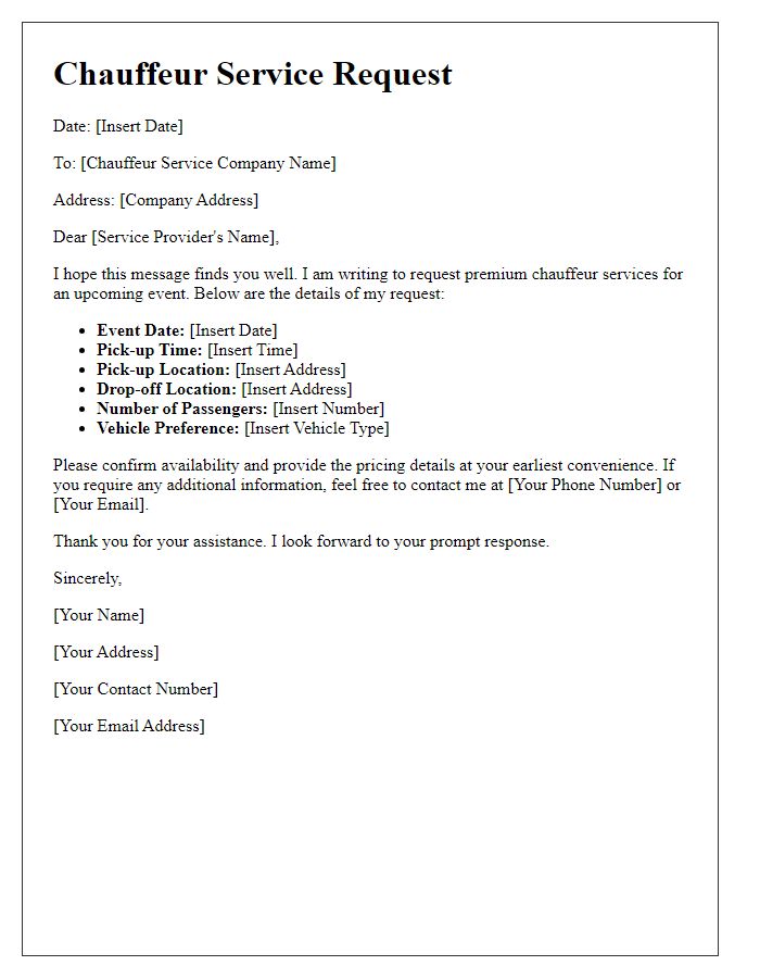 Letter template of premium chauffeur service request.