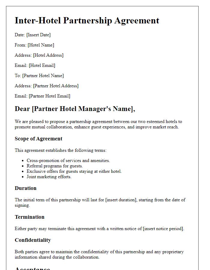 Letter template of inter-hotel partnership agreement