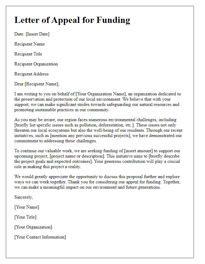 Letter template of appeal for funding for environmental preservation