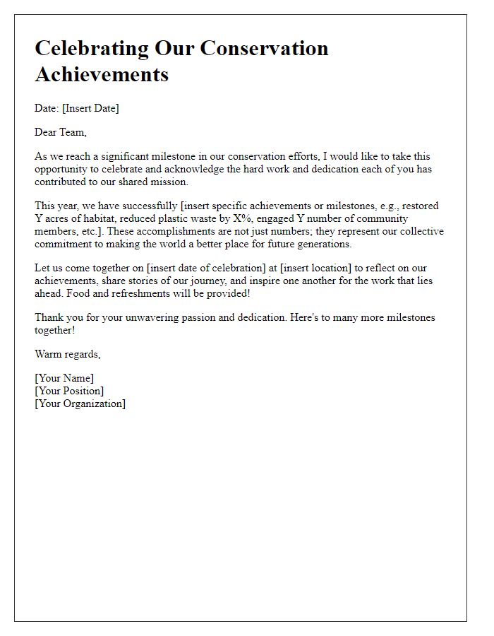 Letter template of celebration for milestones in conservation achievements