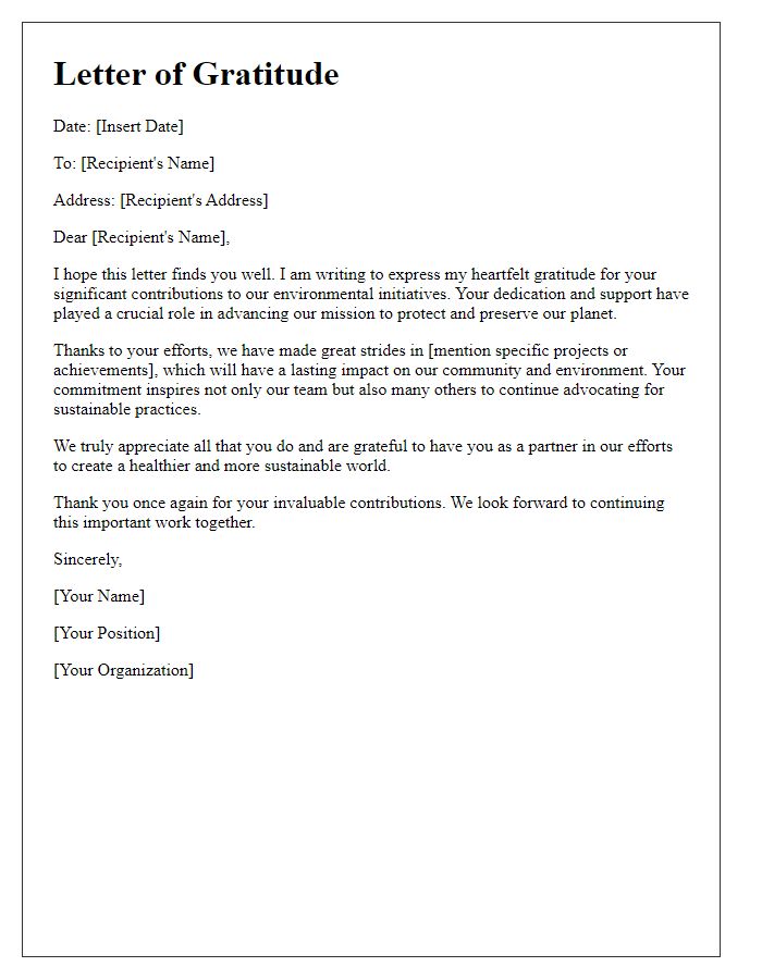 Letter template of gratitude for contributions to environmental causes