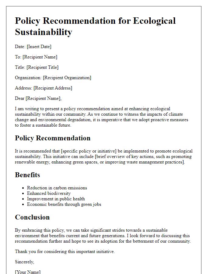 Letter template of policy recommendation for ecological sustainability