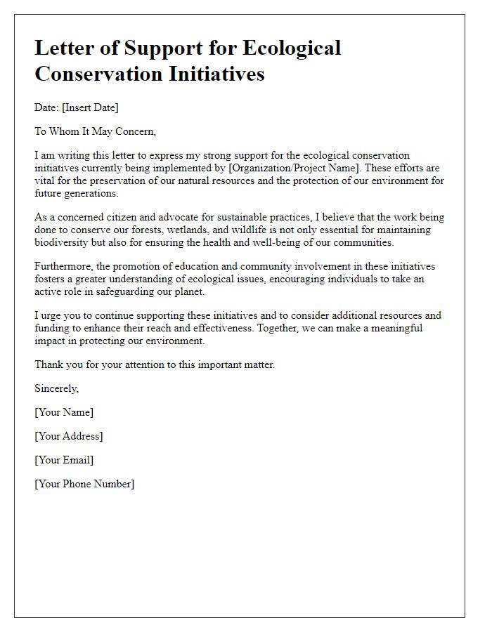 Letter template of support for ecological conservation initiatives