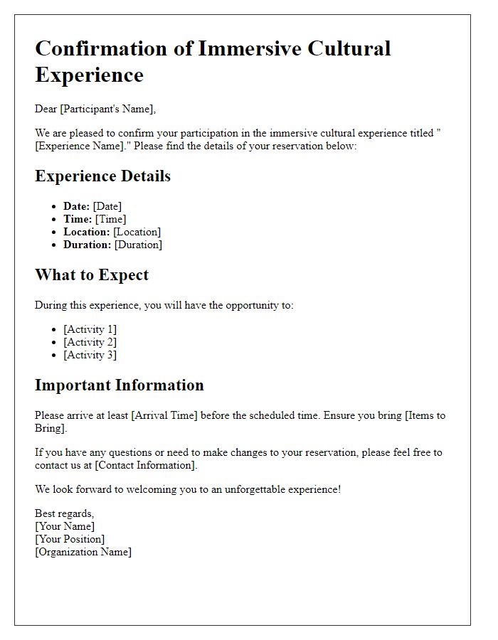 Letter template of confirmation for immersive cultural experiences.