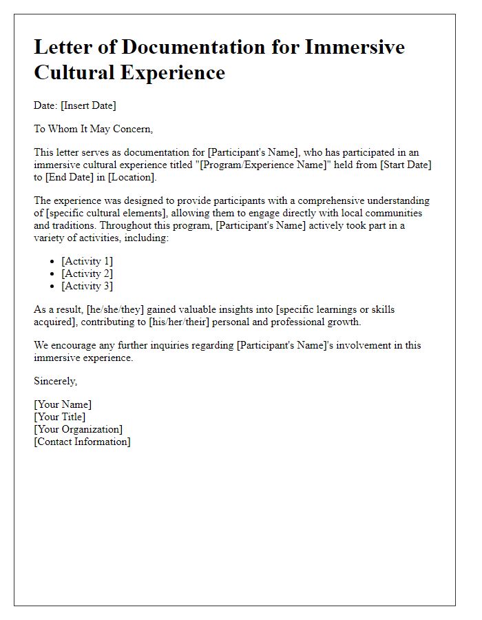 Letter template of documentation for immersive cultural experiences.