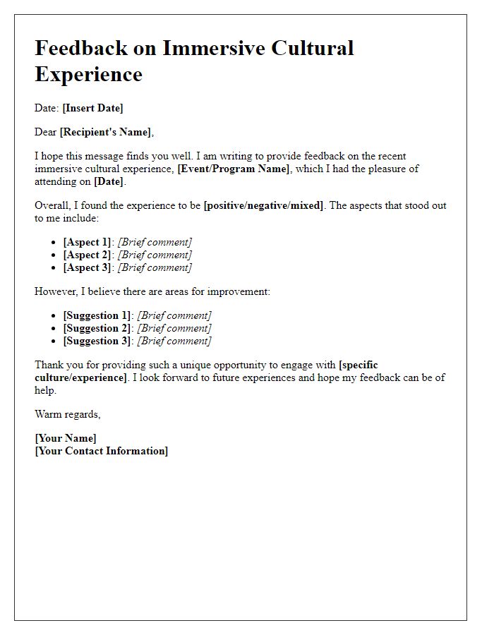Letter template of feedback for immersive cultural experiences.