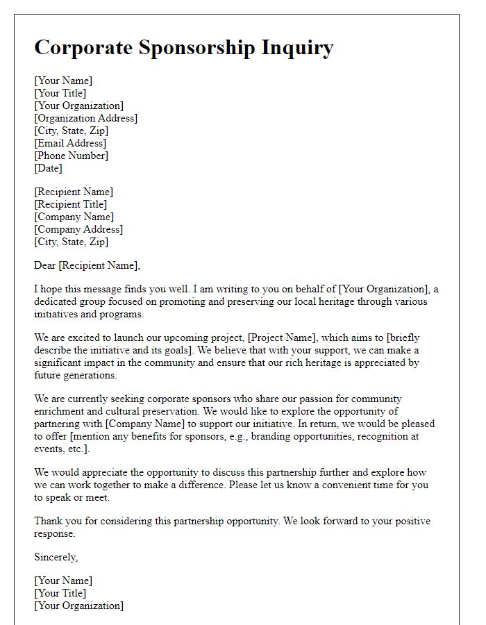 Letter template of corporate sponsorship inquiry for heritage initiative.