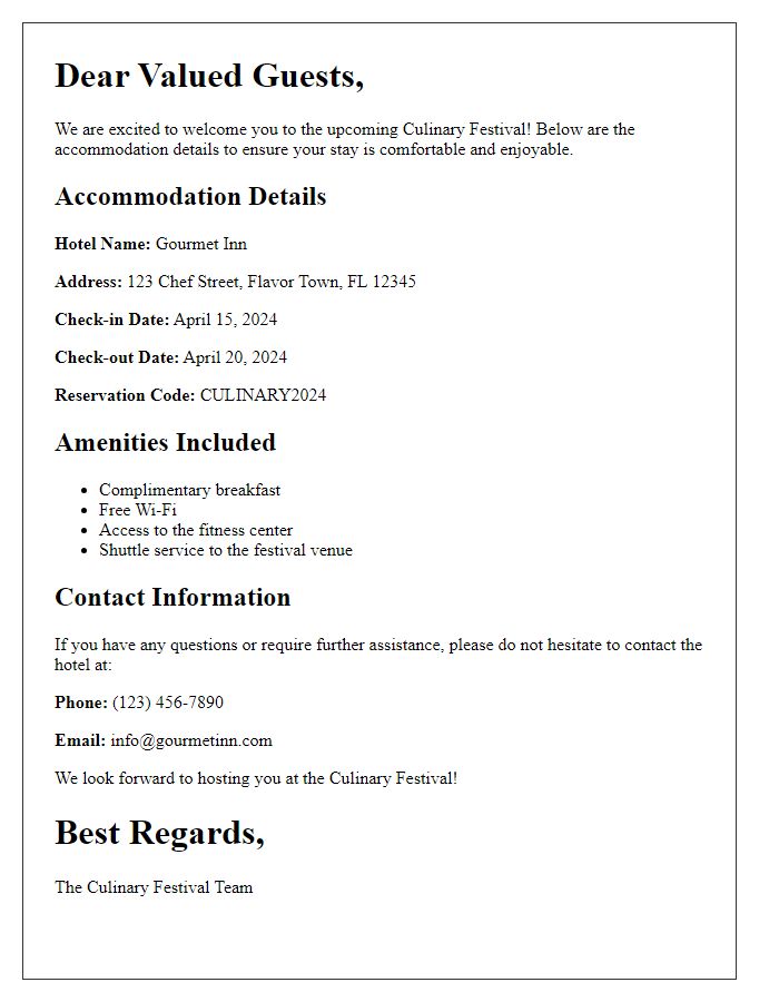 Letter template of accommodation details for culinary festival guests